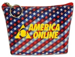 Lenticular zipper purse with American flag stars and stripes, red, white, and blue, color changing flip