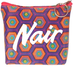 Lenticular zipper purse with kaleidoscope colored hexagons on a purple background, color changing