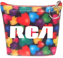Lenticular zipper purse with red, orange, yellow, green, and purple hearts, depth