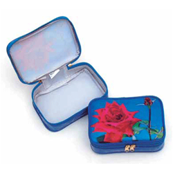 Lenticular purse with custom design, vibrate red roase sitting next to a light blue water lily pond, depth