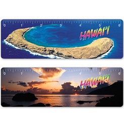 Lenticular ruler with tropical Hawaiian Molokini Island, near Maui, sunset and helicopter aerial view