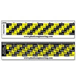 Lenticular conversion ruler with converts common fractions to their decimal equivalents, yellow and black, flip