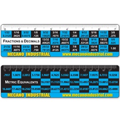 Lenticular conversion ruler with converts common fractional inch measurements to their metric equivalents, blue and black, flip