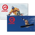 Lenticular sticker with custom design, snowboarder transitions from fresh packed powder to flying through the blue winter mountain sky, flip