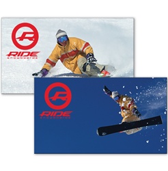 Lenticular sticker with custom design, snowboarder transitions from fresh packed powder to flying through the blue winter mountain sky, flip