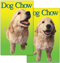 Lenticular sticker with custom design, Dog Chow, golden retreiver puppy tilts its head in front of a yellow and green gradient background, flip