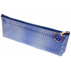 Lenticular pencil case with blue triangles on a silver and blue gradient background, flip