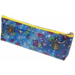 Lenticular pencil case with outer space stars, planets, ships, and galaxies, day and night, flip