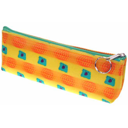Lenticular pencil case with orange balls and green squares move in front of a yellow background