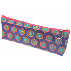 Lenticular pencil case with kaleidoscope colored hexagons on a purple background, color changing