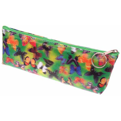 Lenticular pencil case with butterflies of different colors and types hover over a green background, depth