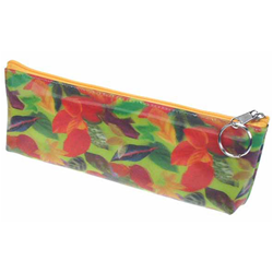 Lenticular pencil case with large spring time red and orange flowers, depth