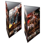 Lenticular table tent, custom design, God of War 2 II video game, bloody monsters appear to pop out at the viewer, depth