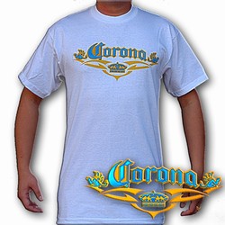 Lenticular t-shirt with Corona Mexican beer company, writing and logo, turquoise to yellow, color changing