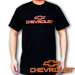 Lenticular t-shirt with custom design, Chevrolet writing and symbol, red to gold, color changing