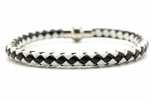 Braided Leather Bracelet, Magnetic Clasp, Black, White, 8 1/4 In