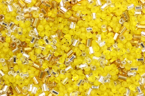 Seed & Bugle Bead Mix, Silver & Gold Bugle, Yellow Matte Finish Seed Beads