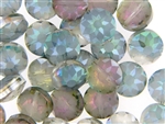 Etched Star Crystal Bead 14MM Puffed Coin / Light Watermelon Green Iris