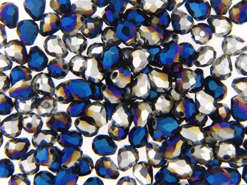 Bead, Crystal, Tear Drop, Faceted, 7MM X 5MM, Metallic Silver Blue Iris