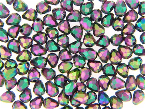 Bead, Crystal, Tear Drop, Faceted, 7MM X 5MM, Metallic Silver Rainbow Iris