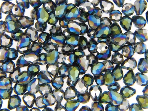 Bead, Crystal, Faceted, Tear Drop, 7MM X 5MM, Metallic Silver Green Iris