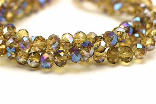Beads, Crystal, Faceted, Rondelle, 6MM X 8MM, Smoky Quartz, 1/2 Blue Iris