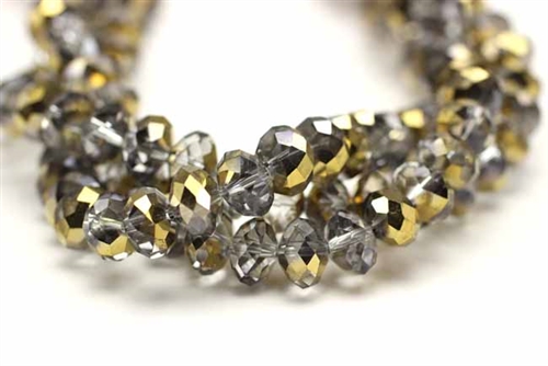 Bead, Rondelle, Crystal, Faceted, 6MM X 8MM, Gray, 1/2 Gold Metallic