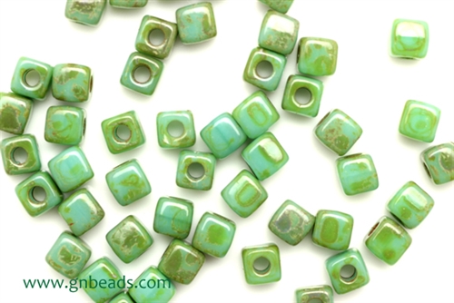 6/0 Cubix 4MM Czech Beads / Green Turquoise Picasso