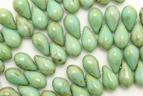 Bead, Tear Drop, Czech Glass, 6MM X 9MM, Green Turquoise Metallic Picasso