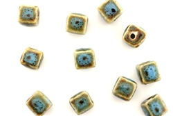 Turquoise Blue Earth Tone Porcelain Beads / Small Cube