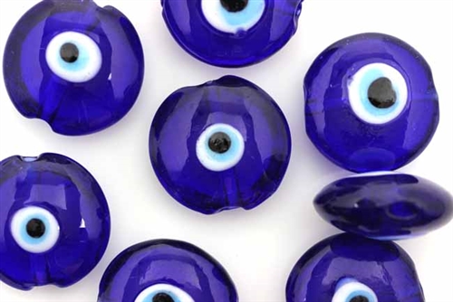 Bead, Evil Eye, Lampworked Glass, 23MM, Lentil, Cobalt Blue