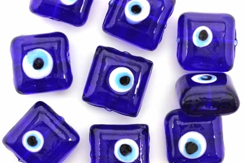 Bead, Evil Eye, Lampworked Glass, 18MM, Square Pillow, Cobalt Blue