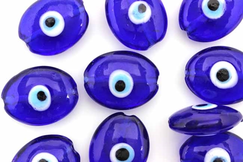 Bead, Evil Eye, Lampworked Glass, 23MM, Puffed Oval, Cobalt Blue