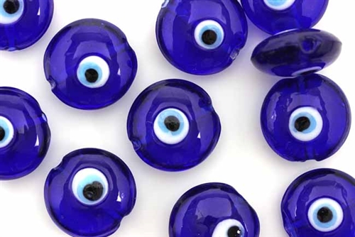Bead, Evil Eye, Lampworked Glass, 18MM, Lentil, Cobalt Blue