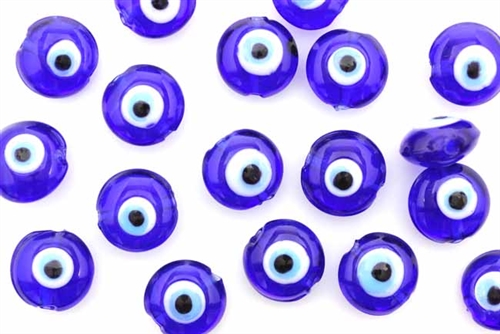 Bead, Evil Eye, Glass, Lentil, 12MM, Cobalt Blue