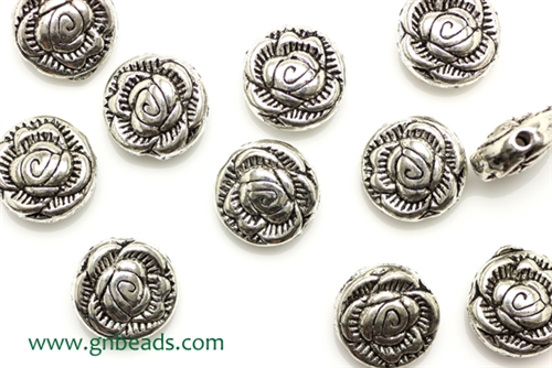 "Pewter" Beads / 11MM Coin,Rose,Antique Silver