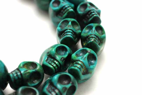 Gemstone Bead, "Turquoise", Magnesite, Skulls, Dark Green, 18MM