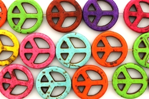 Gemstone Bead, "Turquoise", Magnesite, Peace Sign, Mixed Color, 15MM