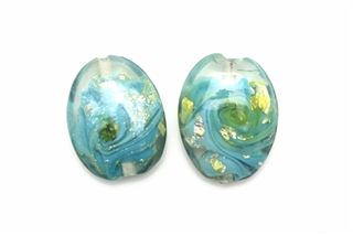 Lampwork Glass Bead / 26MM Flat Oval,Crystal,Blue,Gold & Silver Foil