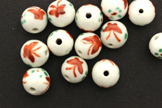 Porcelain Beads / Round 12MM White Red Butterfly