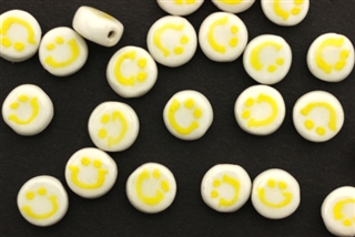 Porcelain Beads / Flat Round Smiley Face 10MM White
