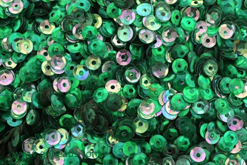Sequin, Round, 5MM, Cupped, Vintage, 1MM Center Hole, Clear Kelly Green AB
