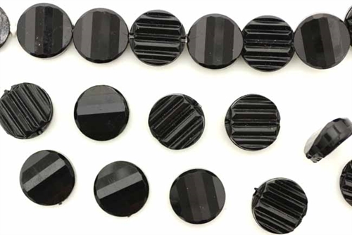 Bead, Vintage, German Acrylic, 12MM, Flat, Faceted, Round, Black