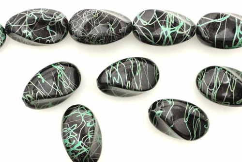 Bead, Vintage, German Acrylic, 20MM, Oval, Twist, Black, Green