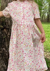 Girl Classic Dress with Gathered skirt Spring Pink floral cotton size 4 X-long