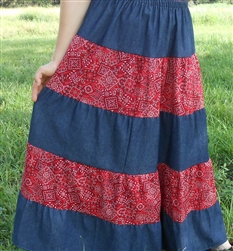 Girl Tiered Skirt Western Patchwork Red Bandana & Navy Denim size M 8 10