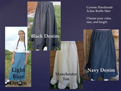 Girl A-line Skirt Blue Jean Denim or Khaki with Ruffle Hem custom all sizes