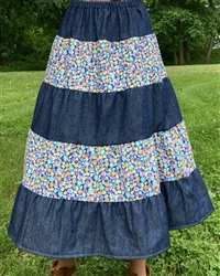 Girl Tiered Skirt Patchwork Birds & Blue Florals cotton size L 12 14