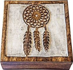 Wholesale Wooden Carved  Box - Dream Catcher Antiqued 7.5"x 7.5"