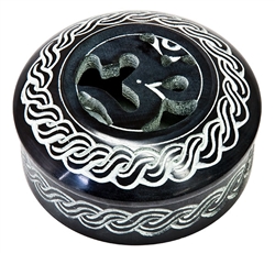 Wholesale Om with Celtic Knot Black Soapstone Box 4"D, 2"H